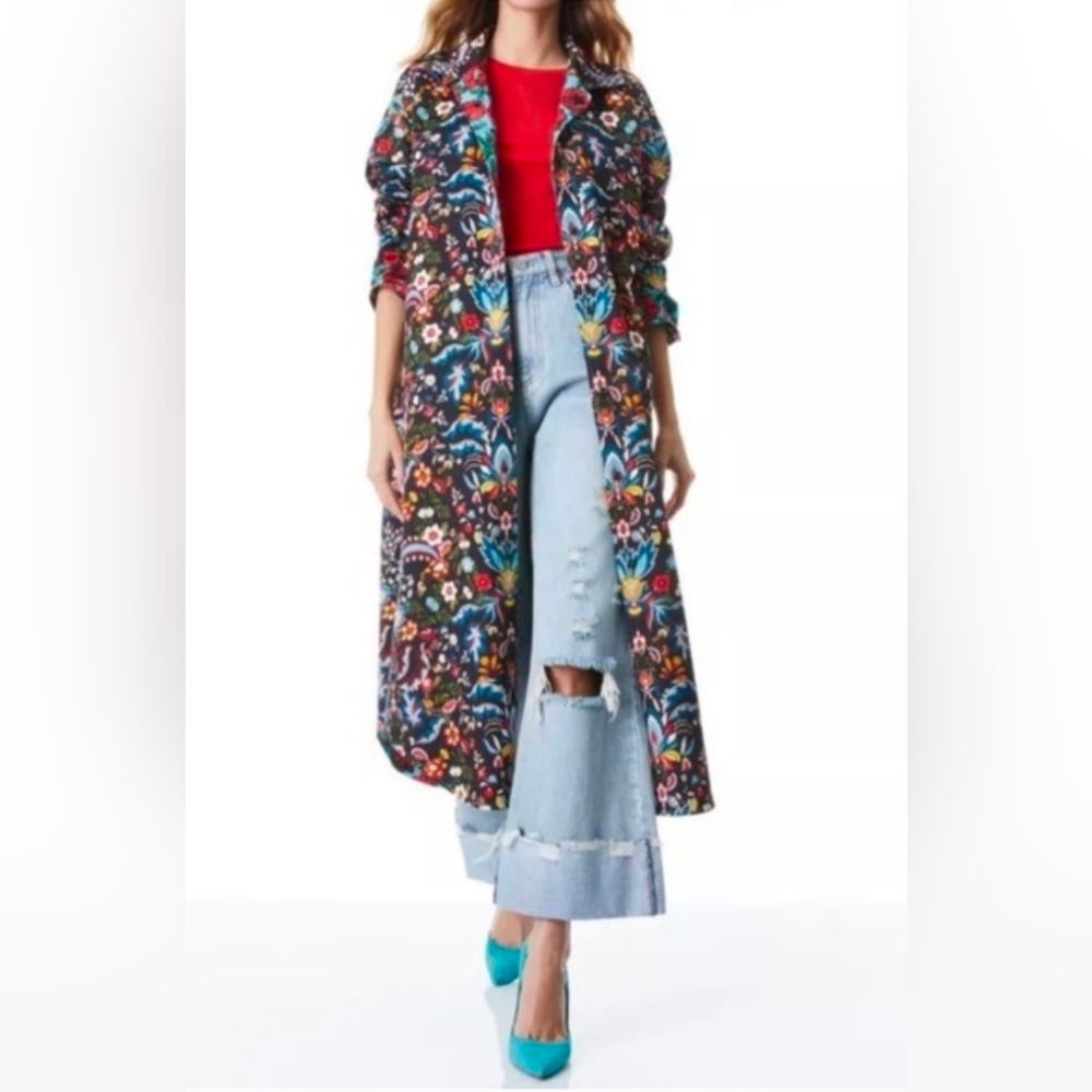 Alice + Olivia Vibrant Floral Long Sleeve Coat in Red and Blue
